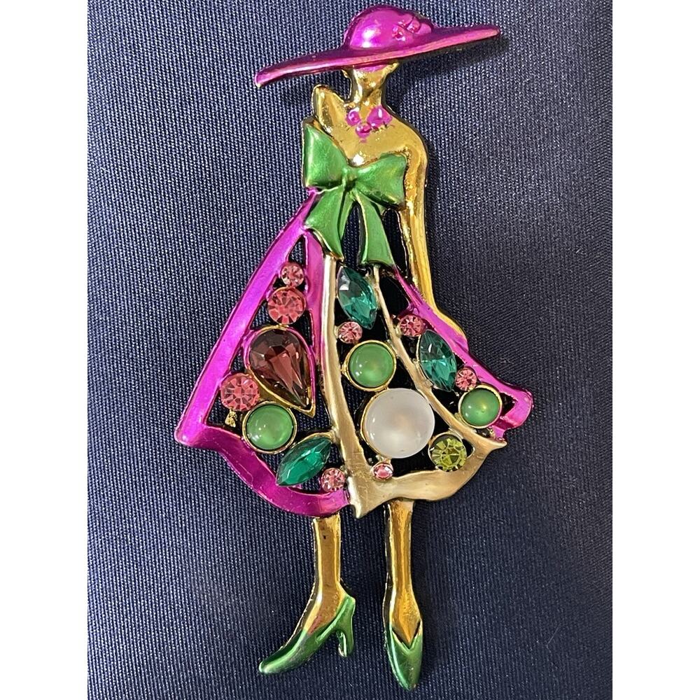 NWOT Multicolor Enamel Rhinestone Glass Woman In Hat Brooch Pin Pendant Costume